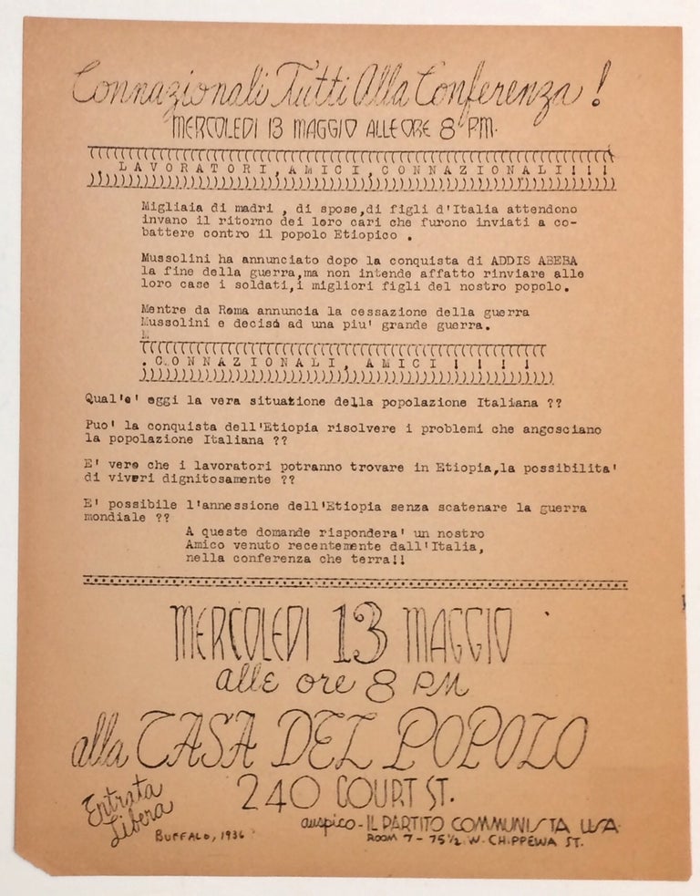 Cat.No: 256844 Connazionali Tutti Alla Conferenza! [handbill announcing an anti-fascist meeting protesting Italy's annexation of Ethiopia]