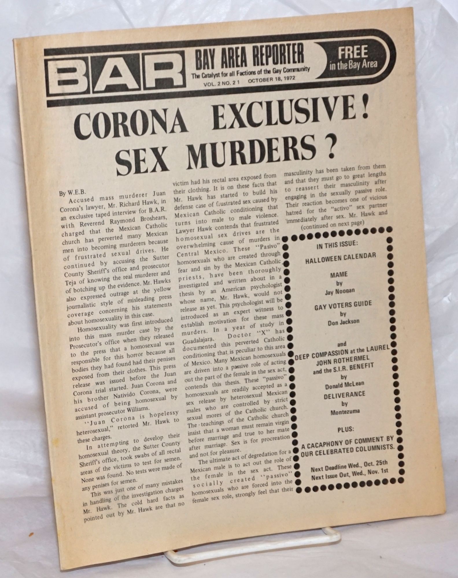 B.A.R. Bay Area Reporter: the catalyst for all factions of the Gay  Community; vol. 2, #21, October 18, 1972; Corona Exclusive! Sex Murders |  Paul Bentley, Bob Ross, W. E. B. publishers