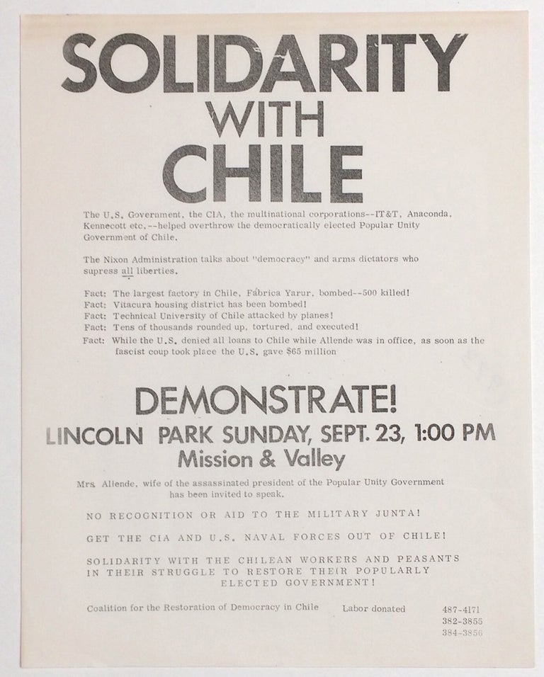Cat.No: 258722 Solidarity with Chile... Demonstrate! Lincoln Park Sunday, Sept. 23, 1:00 PM [handbill]