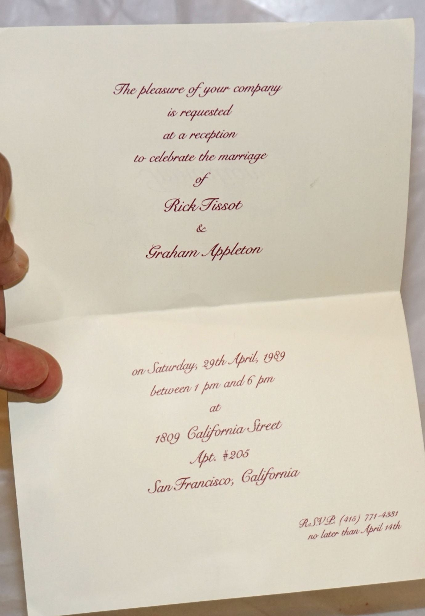 Invitation the pleasure of your company is requested at a reception to celebrate the marriage of Rick Tissot Graham Appleton on Saturday 29th