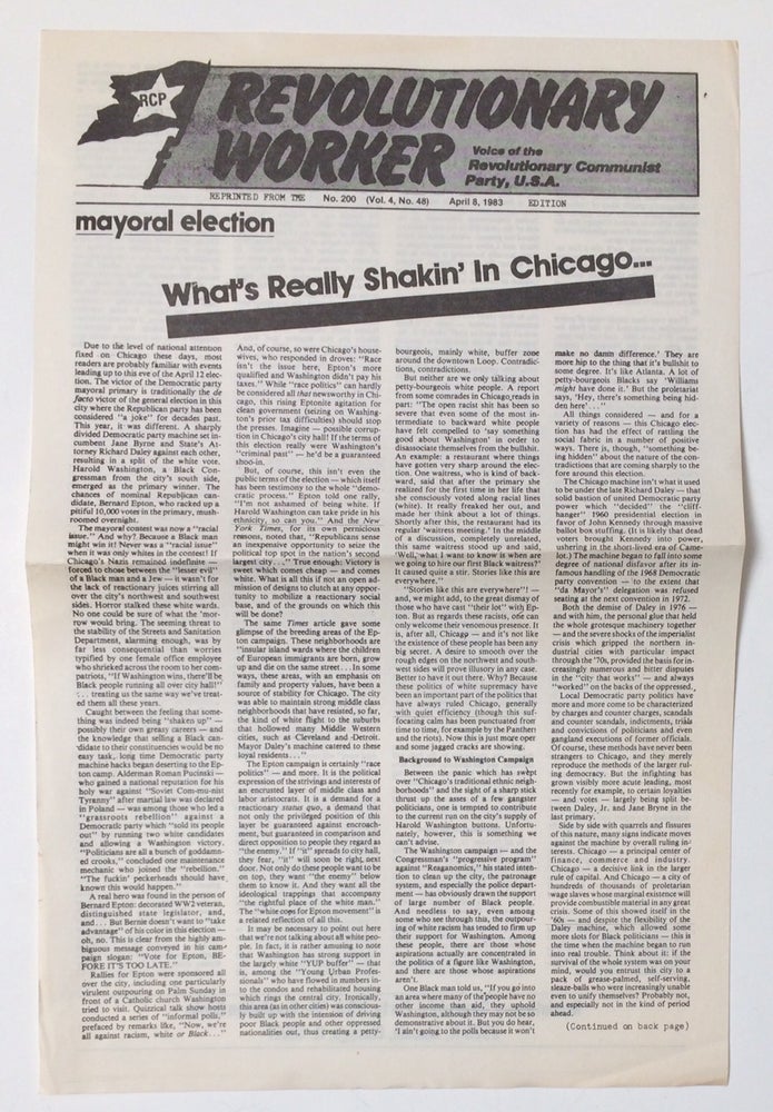 Cat.No: 259132 Mayoral election: What's really shakin' in Chicago [broadside]. Revolutionary Communist Party.