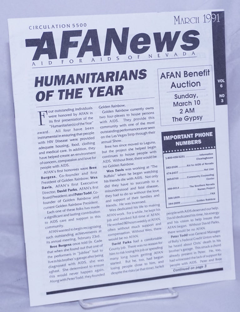 Cat.No: 260456 AFANews: Aid for AIDS of Nevada: vol. 6, #3, March 1991: Humanitarians of the Year