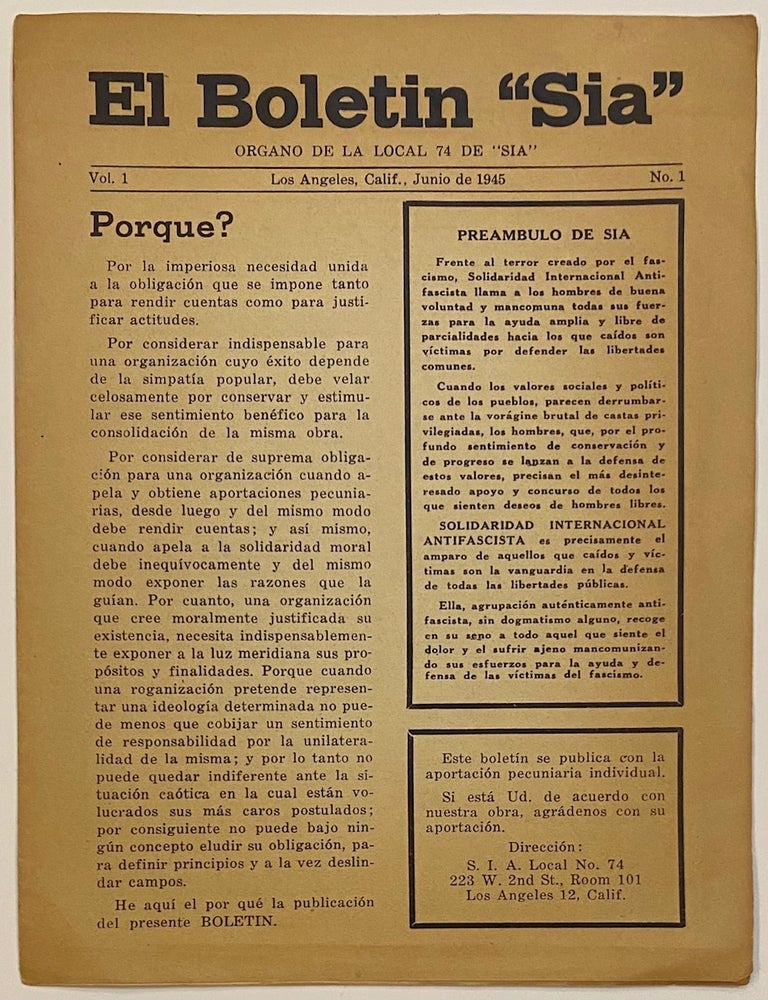 Cat.No: 261577 El Bolet&iacute;n "Sia." No. 1 (Junio de 1945)