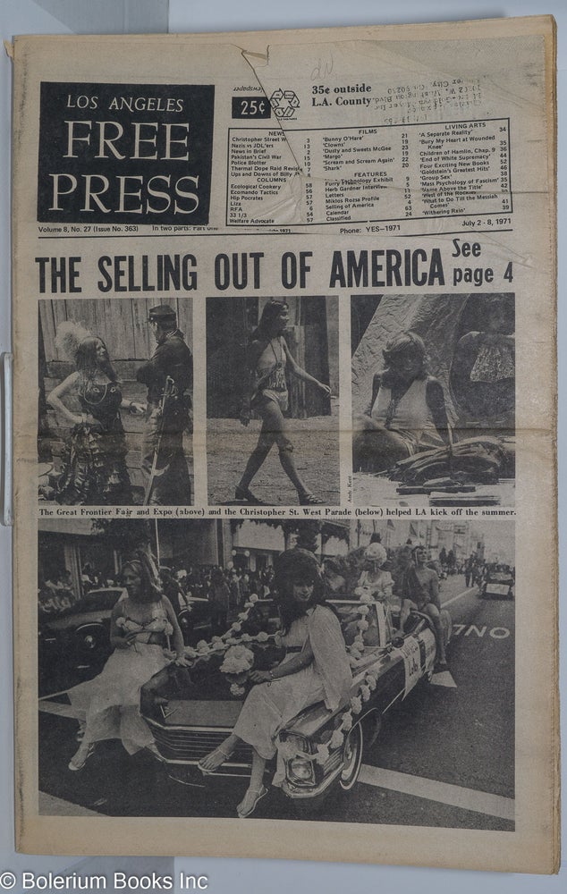 Cat.No: 261761 Los Angeles Free Press: Vol. 8 #27, #363, Ju l2-8 1971. "The Selling Out of America" [Headlines] [in 2 parts]. Art Kunkin, publisher and.