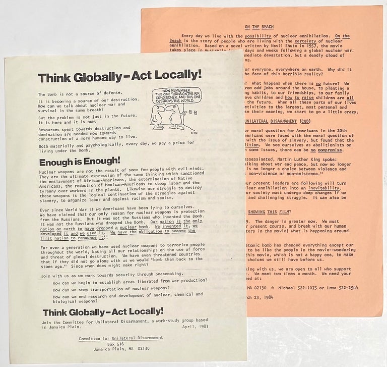 Cat.No: 262278 Think globally - act locally [together with] On the Beach [two handbills]. Committee for Unilateral Disarmament.