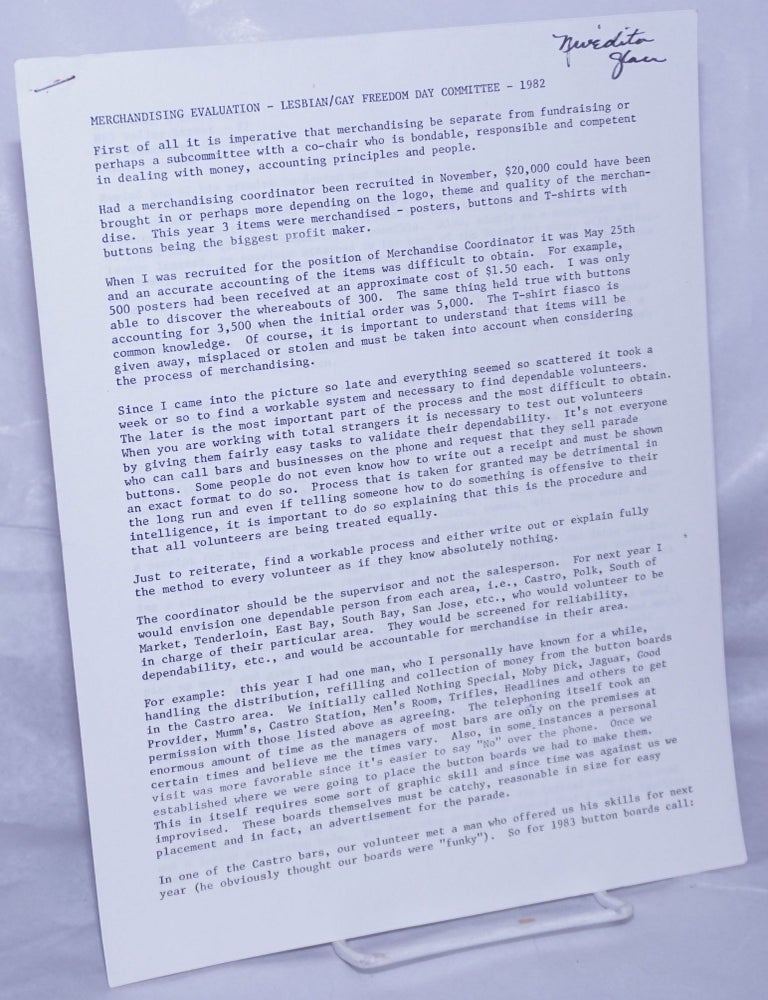 Cat.No: 262621 Merchandising Evaluation - Lesbian/Gay Freedom Day Committee - 1982