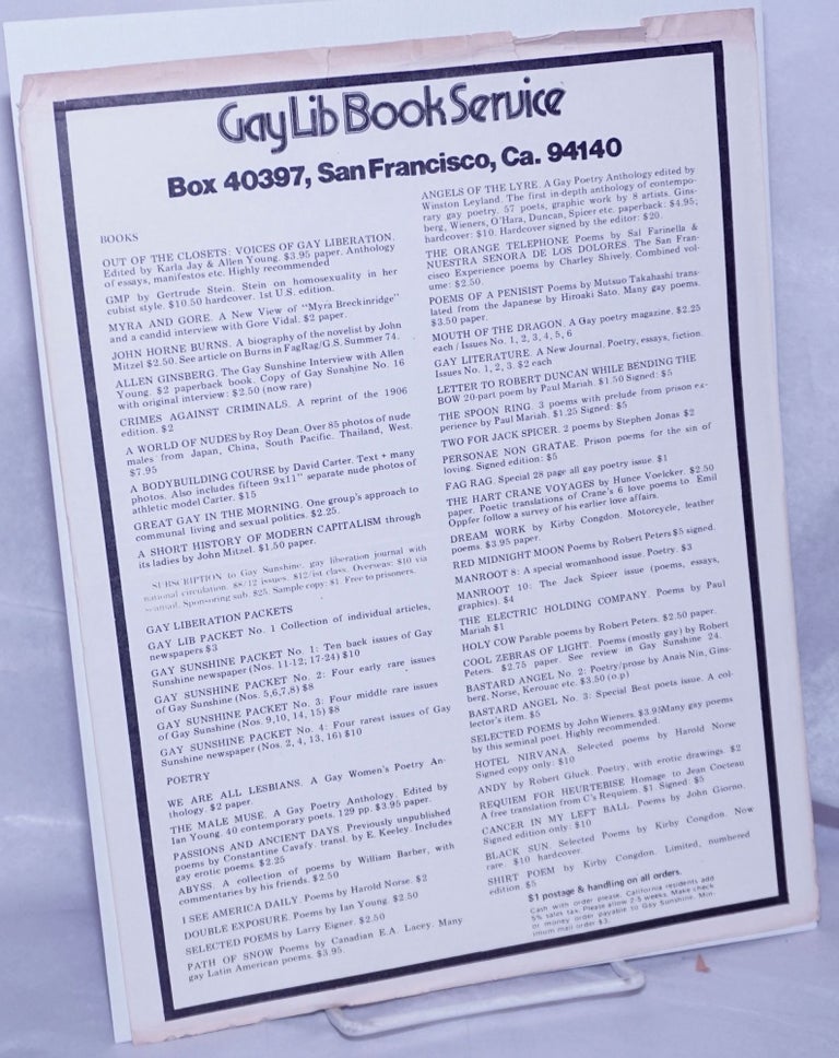 Cat.No: 262744 GayLib Book Service Box 40397, San Francisco, CA., 94140 [booklist
