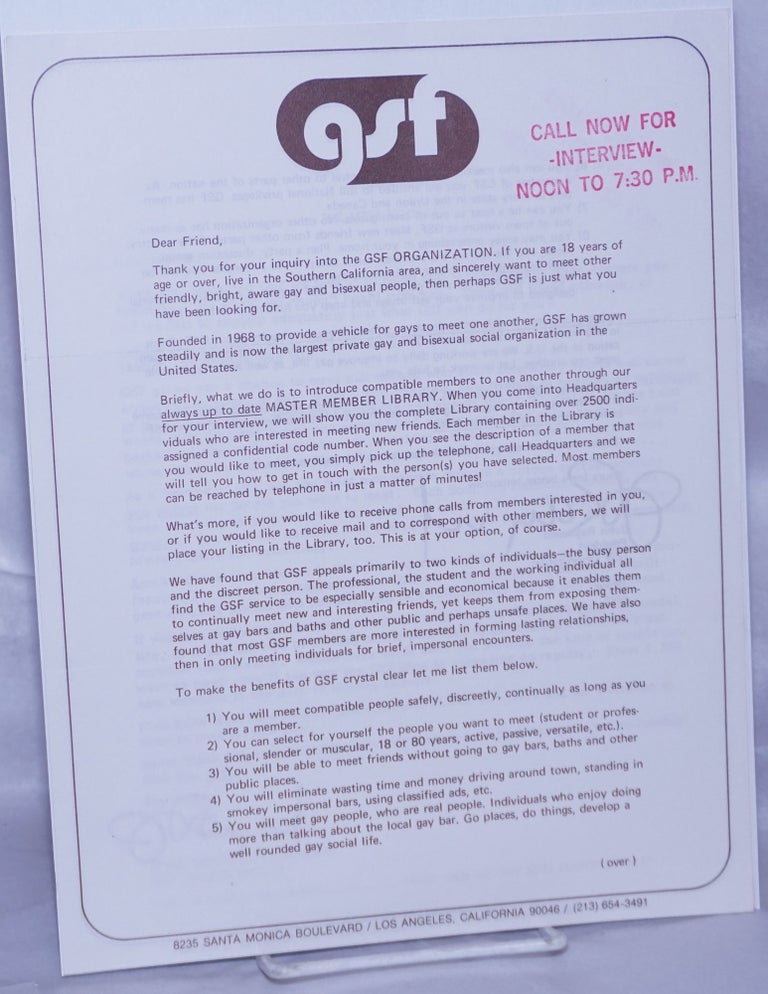 Cat.No: 262842 GSF Informational Letters on letterhead [three letters]. John Raymond, Gay Sexual Freedom.