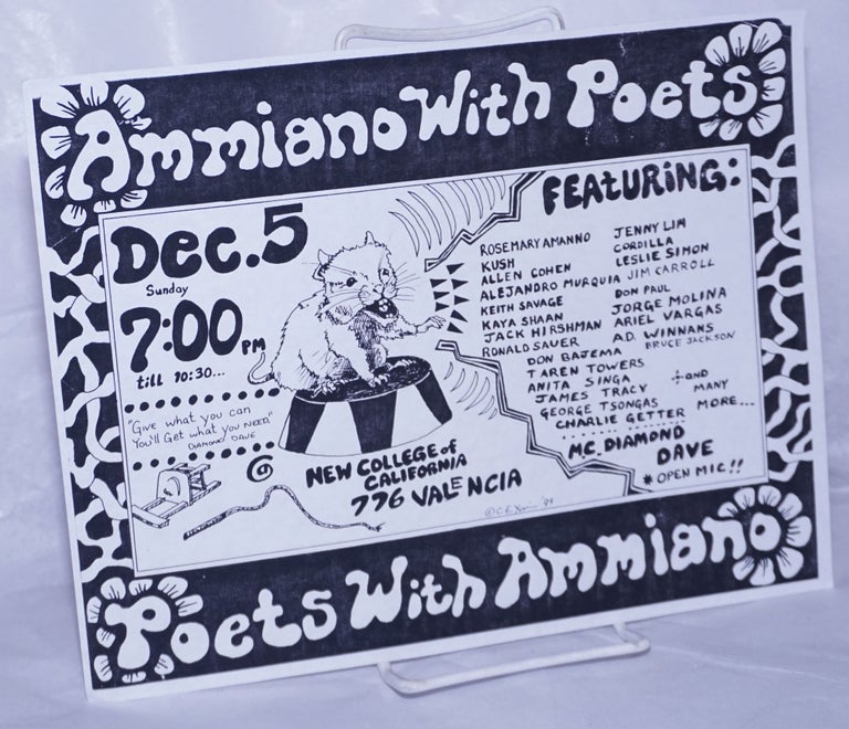 Cat.No: 262911 Ammiano With Poets, Poets with Ammiano: featuring Jim Carroll, George Tsongas, Jack Hirschmen Jenny Lim, Leslie Simon et al [handbill] Dec. 5, Sunday at New College of California. Tom Ammiano.