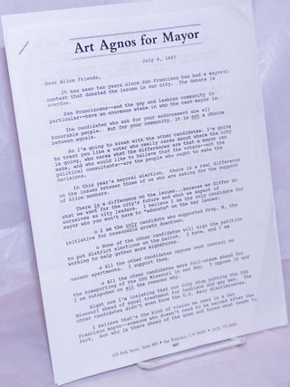 Cat.No: 264015 Art Agnos for Mayor [two page letter to Alice B. Toklas Democratic Club...