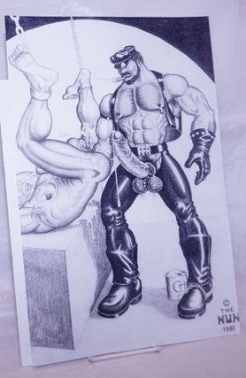 Cat.No: 264408 Poster of Leatherman/Biker in Chaps fisting a bound nude man with can of...