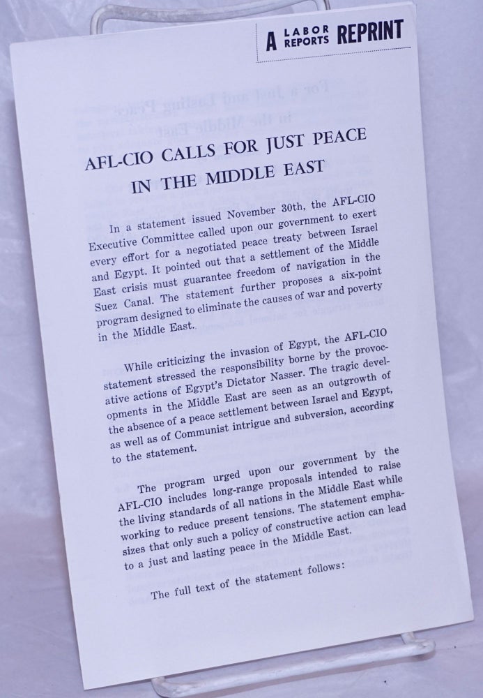 Cat.No: 266791 AFl-Cio Calls for Just Peace in the Middle East. AFL-CIO Executive Committee.