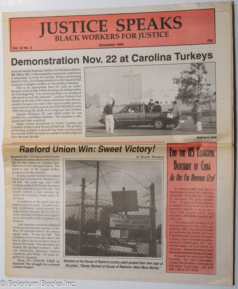 Cat.No: 267171 Justice Speaks: Vol. 12 No. 3, November 1994. Black Workers for Justice.
