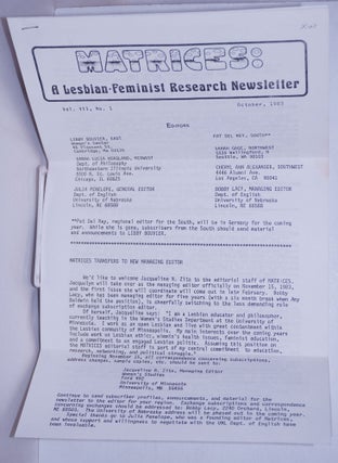 Cat.No: 267382 Matrices: a lesbian/feminist research newsletter, vol. 7, #1, October...
