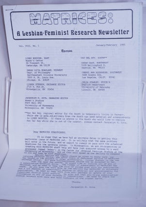 Cat.No: 267654 Matrices: a lesbian/feminist research newsletter, vol. 8, #1,...