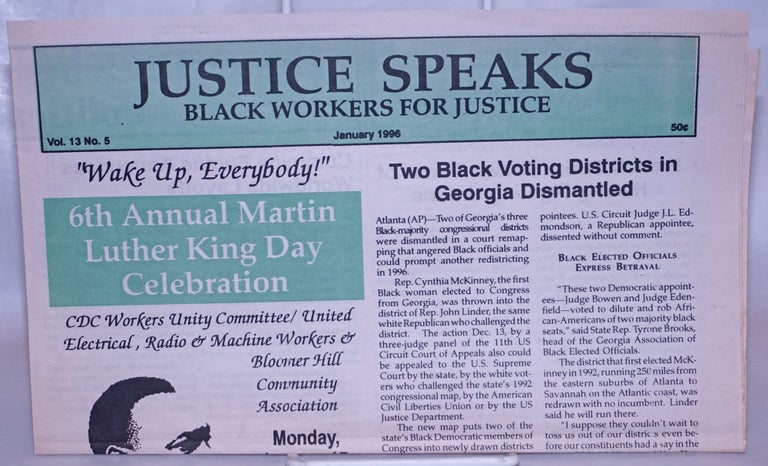 Cat.No: 267823 Justice Speaks: Vol. 13 No. 5, January 1996. Black Workers for Justice.