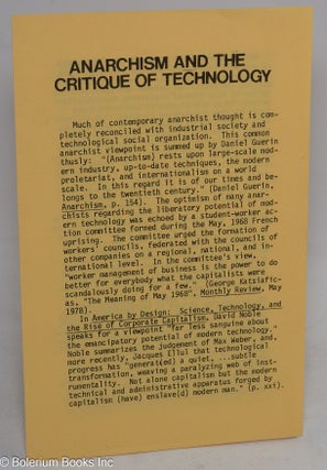 Cat.No: 268290 Anarchism and the critique of technology. Bob Brubaker