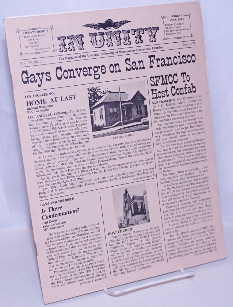 Cat.No: 269465 In Unity: the news and opinion journal of the Universal Fellowship of Metropolitan Community Churches vol. 4, #3, June 1974: Gays Converge on San Francisco. Rev. Tom Taylor, Rev. Troy Perry.