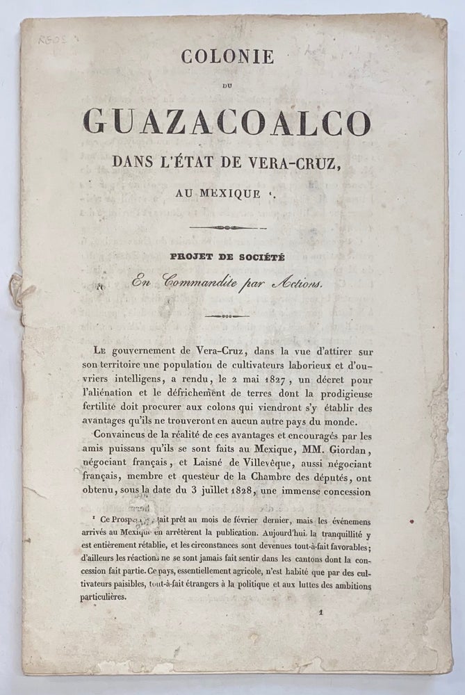 Cat.No: 269495 Colonie de Guazacoalco dans l'état de Vera-Cruz, au Mexique: Projet de société en commandite par actions