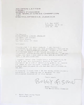 Cat.No: 269572 An open letter from: Bobby Fischer, the World Chess Champion to:...