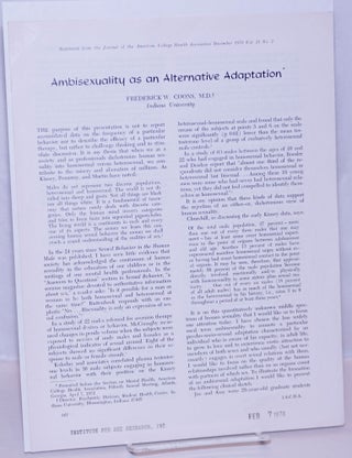 Cat.No: 269624 Ambisexuality as an Alternative Adaptation [offprint sheet] reprinted...