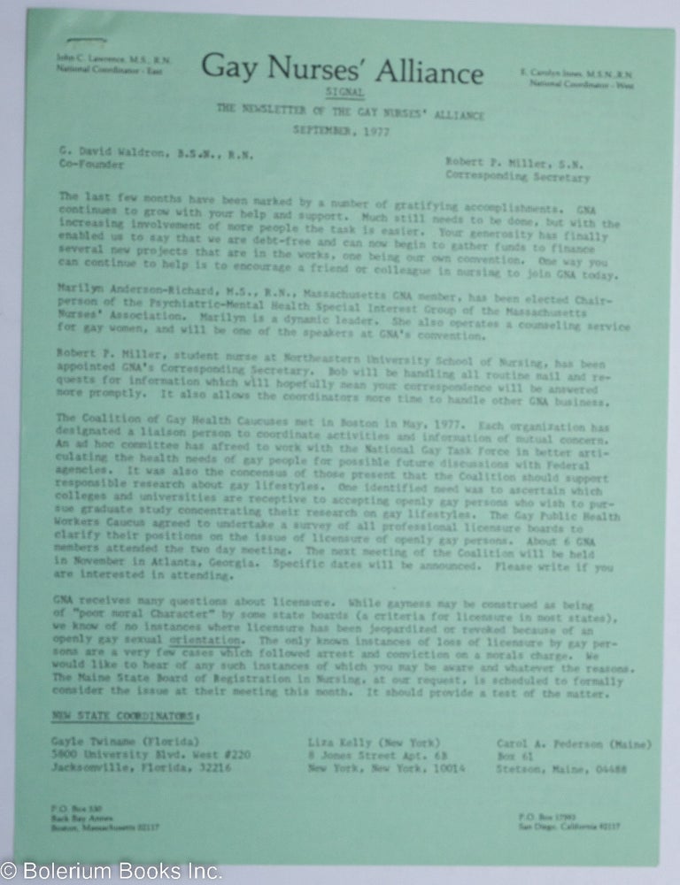 Cat.No: 270215 Signal: the newsletter of the Gay Nurses' Alliance [newsletter] September 1977