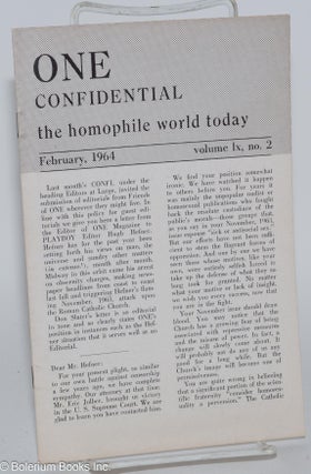 Cat.No: 270304 One Confidential: the homophile world today vol. 9, #2, February, 1964...
