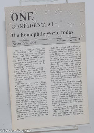 Cat.No: 270307 One Confidential: the homophile world today vol. 9, #11, November, 1964....