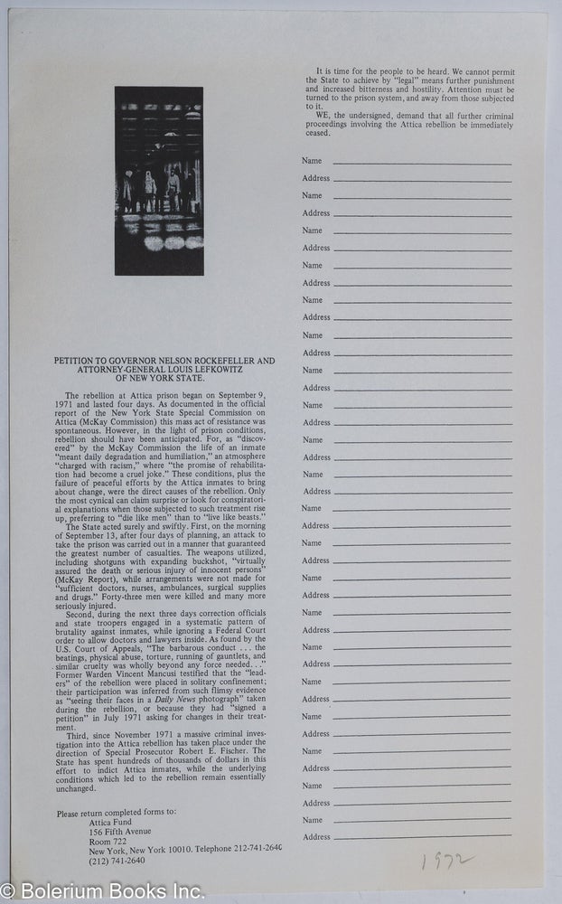 Cat.No: 270398 Petition to Governor Nelson Rockefeller and Attorney-General Louis Lefkowitz of New York State [handbill]