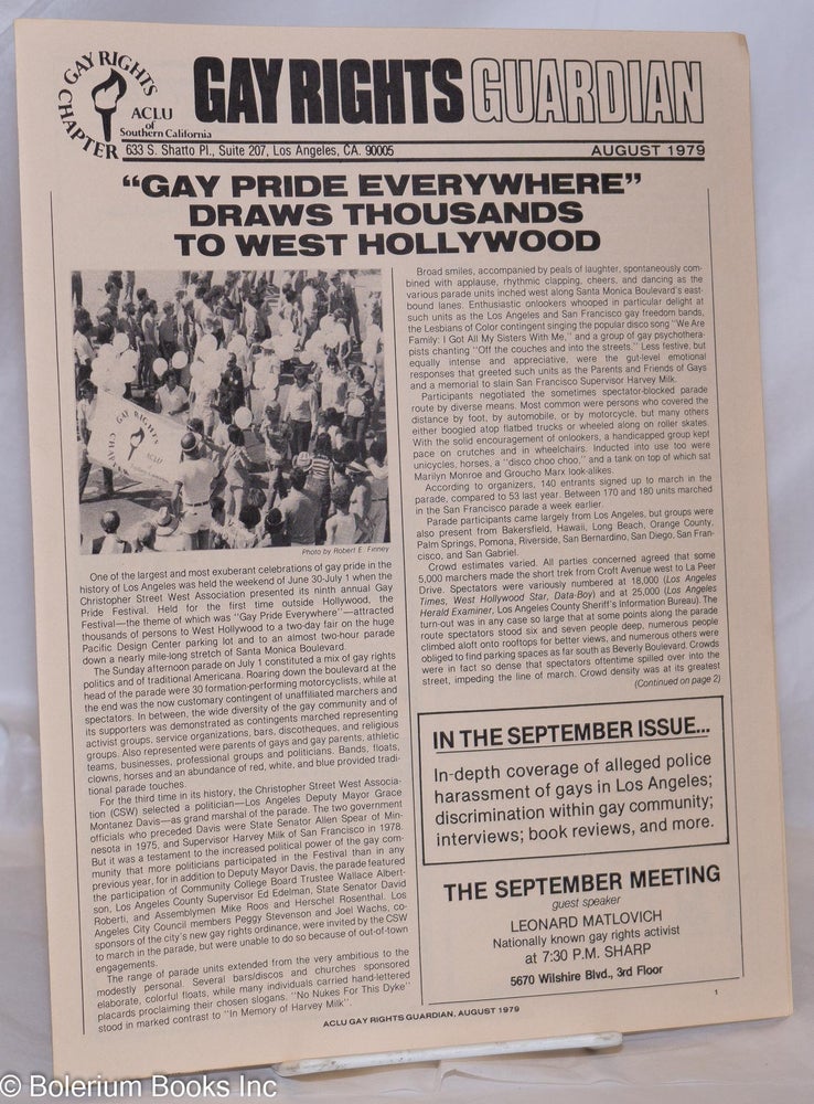 Cat.No: 270436 Gay Rights Guardian: vol. 4, #8, August 1979; Gay Pride Everywhere draws thousands to West Hollywood. Asian Heidorn, Chuck Hassel Greg Byrd, Lee Blake, Wally Smith, Bob Geary.