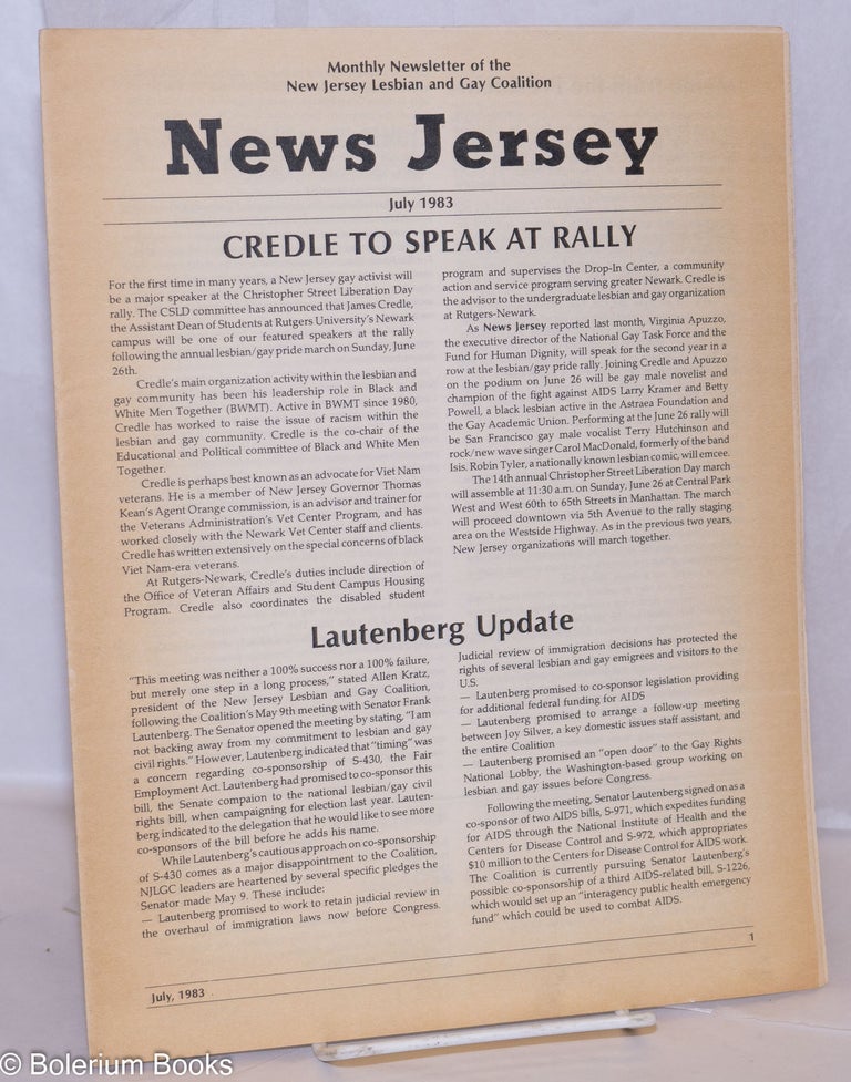 Cat.No: 270663 News Jersey: monthly newsletter of the NJ Lesbian & Gay Coalition; July, 1983: Credle to Speak at Rally. Robert Goodman, Cheryl Clarke Kevin Hayes, Keith McCoy.