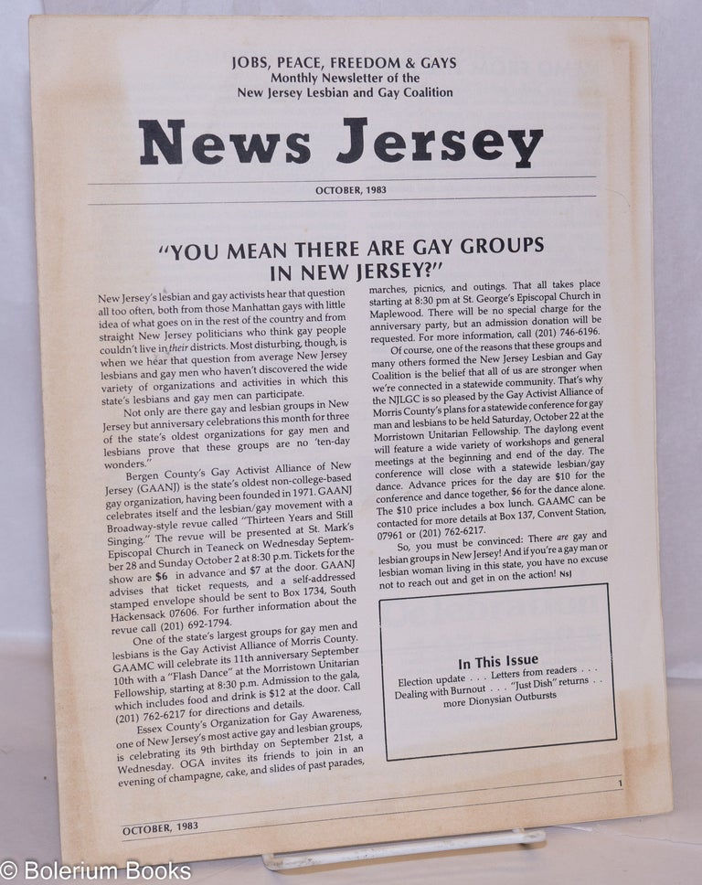 Cat.No: 270664 News Jersey: monthly newsletter of the NJ Lesbian & Gay Coalition; October, 1983: "You Mean There Are Gay Groups in New Jersey?" Robert Goodman, Cheryl Clarke Kevin Hayes, Keith McCoy.