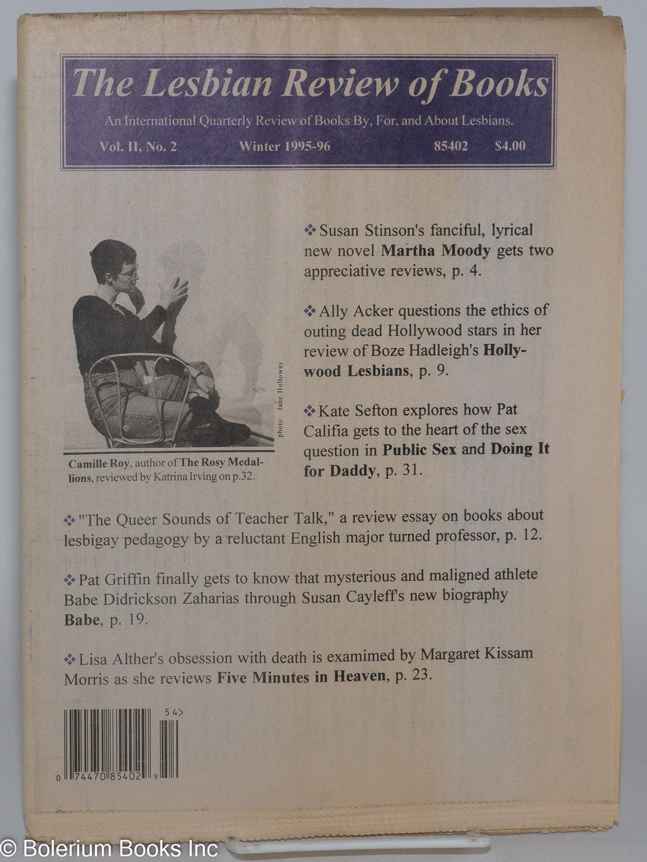 The Lesbian Review of Books: an international quarterly review of books by,  for, and about lesbians; vol. 2, #2, Winter 1995-96 | Loralee MacPike,  Susan Kan Savina J. Teubal, Jinx