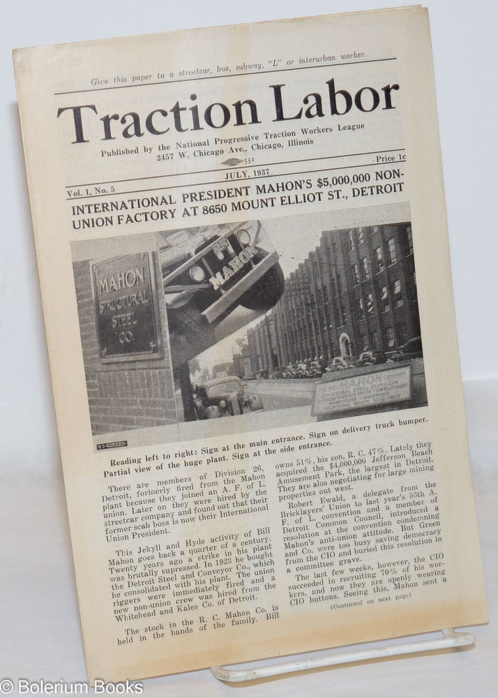 Cat.No: 271565 Traction labor, vol. 1, no. 5 July, 1937. National Progressive Traction Workers League.
