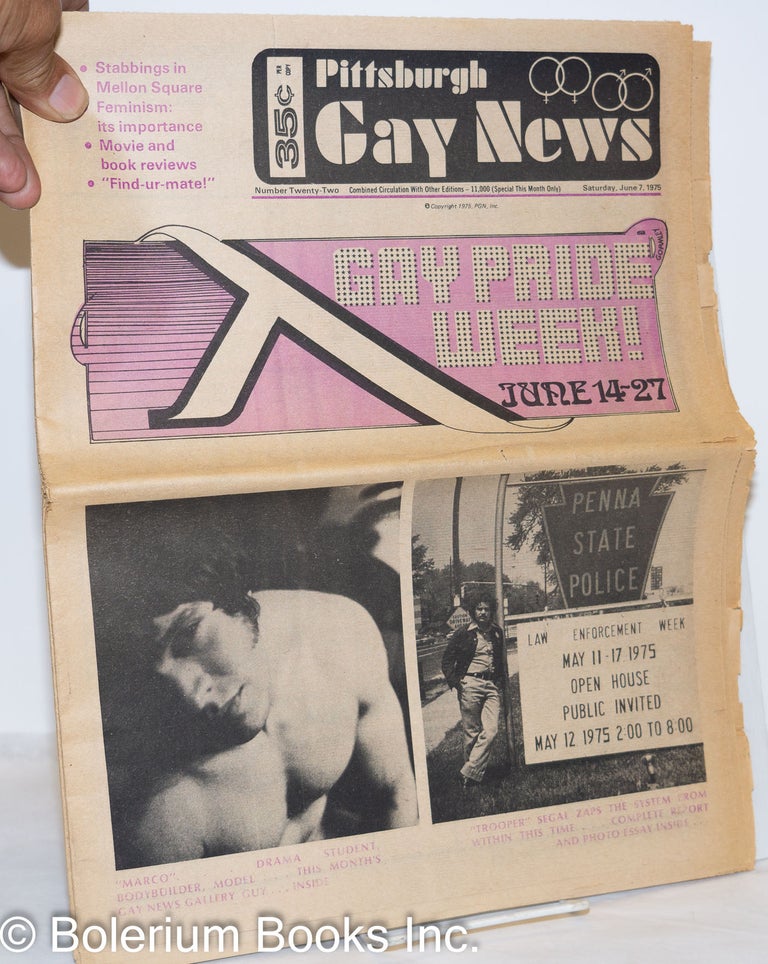 Cat.No: 272266 Pittsburgh Gay News: #22, Saturday, June 7, 1975: Gay Pride Week! Jim Austin, Patrick Kader Janet Cooper, Debbie Boyle, Janet Cooper, David Goodenough, David March.