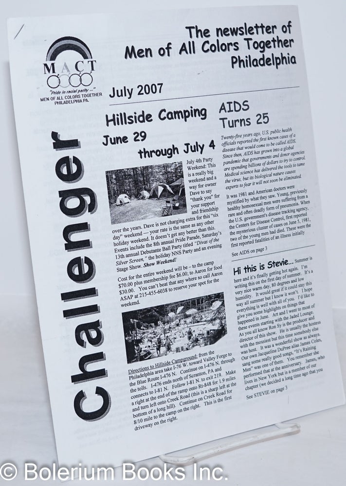 Cat.No: 272336 The Challenger: the newsletter of Men of All Colors Together Philadelphia July 2007: AIDS turns 25. Stevie Martin-Chester, Patrick Lewis, Arthur Martin-Chester.