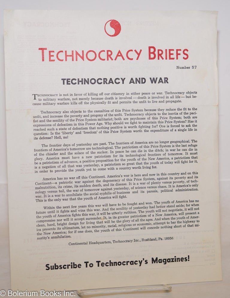 Cat.No: 274928 Technocracy Briefs; Technocracy and War, Number 57. Technocracy.