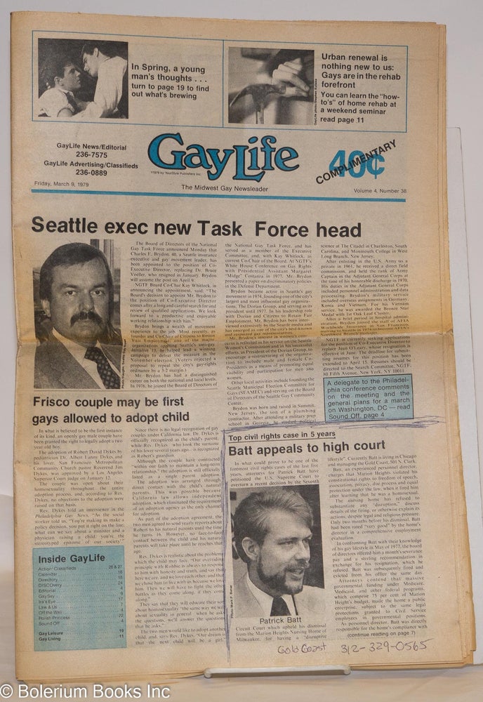 Cat.No: 275357 GayLife: the Midwest gay newsleader; vol. 4, #38, Friday, March 9, 1979: Seattle Exec New Task Force Head. Ronald Anderson, Patrick Batt Charles F. Brydon.