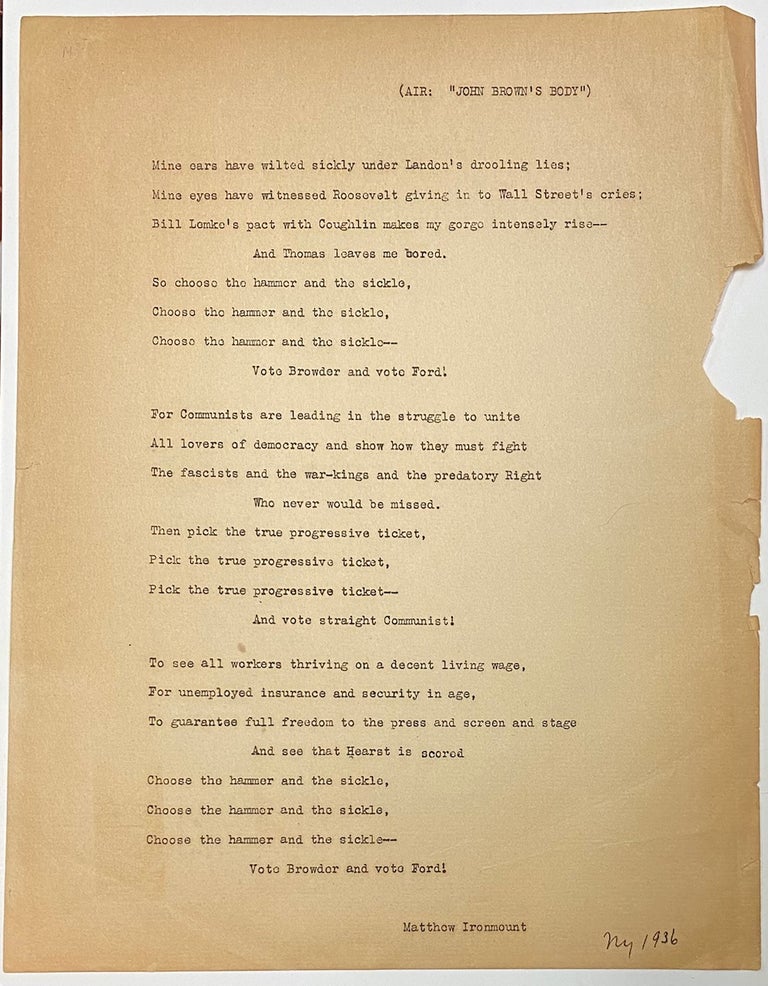 Cat.No: 275491 [Handbill with lyrics to a Browder / Ford campaign song to the tune of 'John Brown's Body']. Matthew Ironmount.