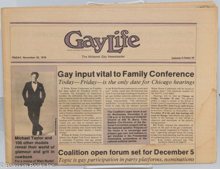 Cat.No: 276609 GayLife: the Midwest gay newsleader; vol. 5, #24, Friday, Nov. 30, 1979: Gay Input Vital to Family Conference. Sarah Craig, Steve Kulieke, George S. Buse Donna Mackie, Norton B. Knopf.