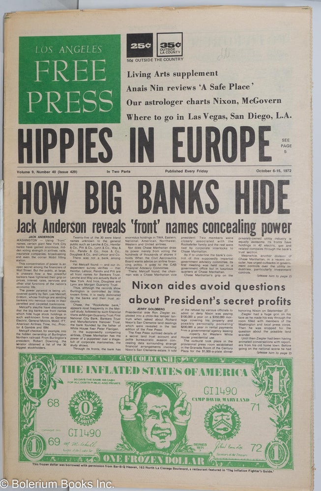 Cat.No: 278603 Los Angeles Free Press, Oct 6-Oct 15, 1972 vol. 9 no. 40, (issue 429), [Headline:] "Hippies in Europe" & "How Big Banks Hide" Art Kunkin, publisher and.