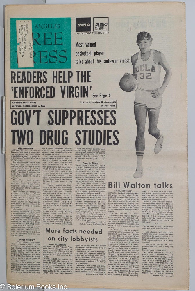 Cat.No: 278611 Los Angeles Free Press, Nov 23-Dec 3, 1972 vol. 9 no. 47, (issue 436) [Headline:] "Gov't Suppresses two drug studies" Art Kunkin, publisher and.