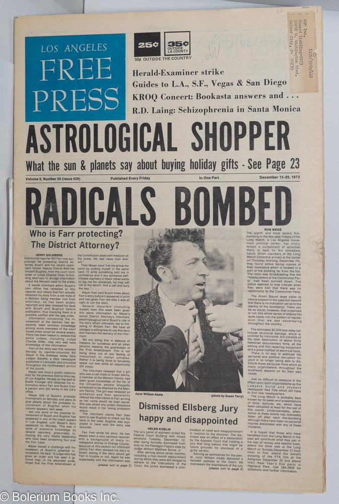 Cat.No: 278623 Los Angeles Free Press, Dec 15-25, 1972 vol. 9 no. 50, (issue 439), [Headline:] Radicals Bombed", "Astrological Shopper" Art Kunkin, publisher and.