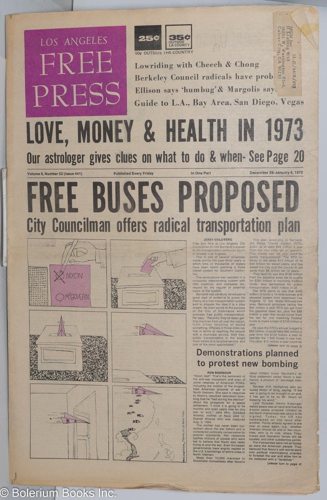 Cat.No: 278626 Los Angeles Free Press, Dec 29. 1972-Jan 6, 1973 vol. 9 no. 52, (issue 441), [Headline]: "Free Buses Proposed", Art Kunkin, publisher and.