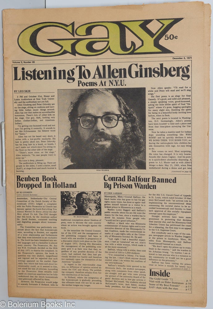 Cat.No: 278715 Gay: vol. 3, #65, December 6, 1971: Listening to Allen Ginsberg. Lige Clarke, Jack Nichols, Aaron Bates Allen Ginsberg, Erik Larsen, Ko Sterken, Leo Skir, Candy Darling.
