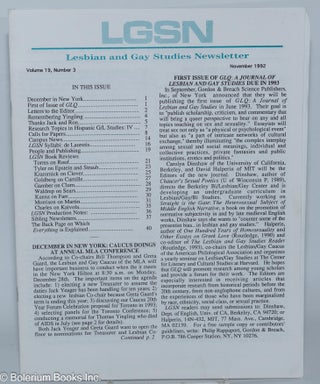 Cat.No: 279046 LGSN: Lesbian & Gay Studies Newsletter; vol. 19, #3, November 1992....
