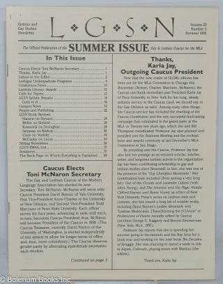 Cat.No: 279050 LGSN: Lesbian & Gay Studies Newsletter; vol. 22, #2, Summer 1995: Thanks,...