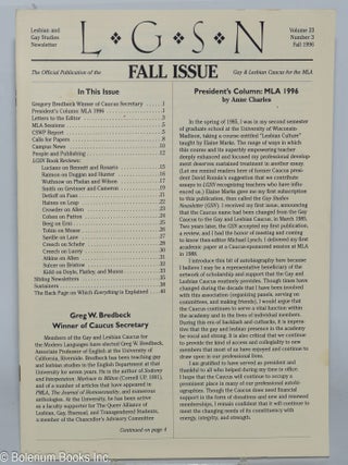 Cat.No: 279055 LGSN: Lesbian & Gay Studies Newsletter; vol. 23, #3, Fall 1996. Margaret...