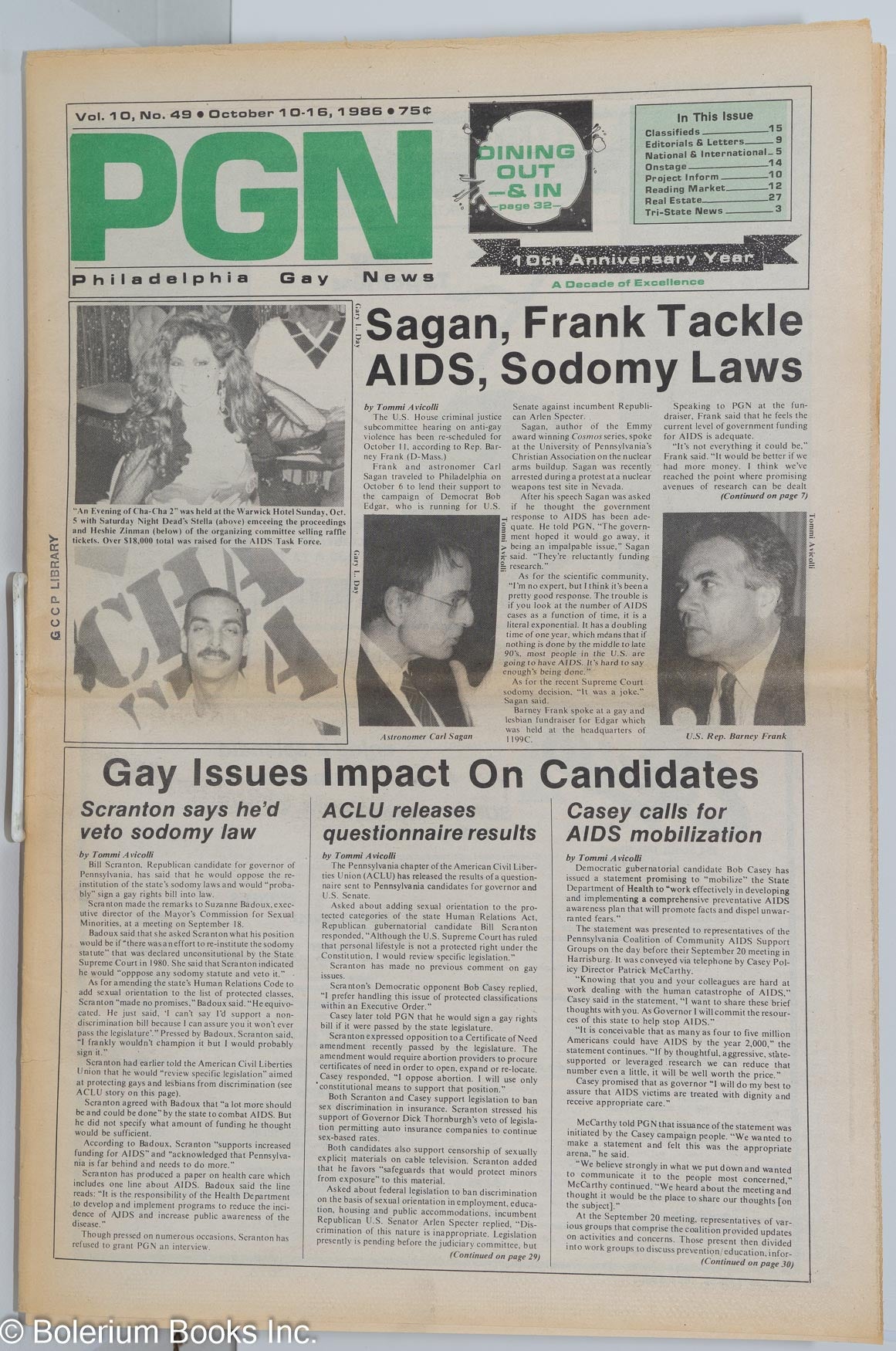 PGN: Philadelphia Gay News; vol. 10, #49, Oct. 10-16, 1986: Sagan, Frank  Tackle AIDS, Sodomy Laws by Stanley Ward, Carl Sagan Tommi Avicolli,  Victoria ...