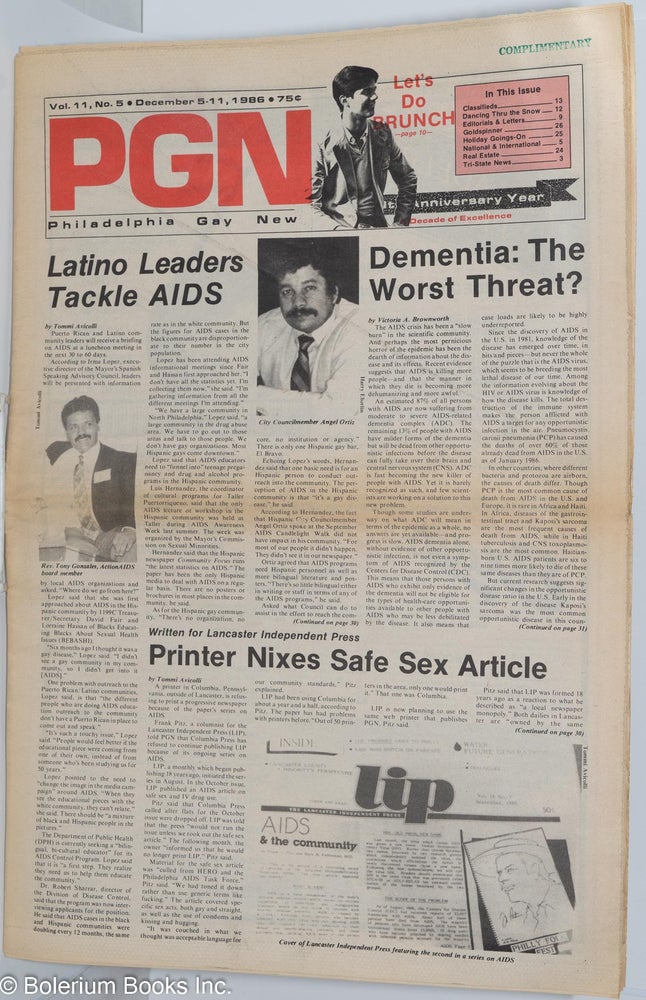 Cat.No: 279204 PGN: Philadelphia Gay News; vol. 11, #5, Dec. 5-11, 1986: Latino Leaders Tackle AIDS. Stanley Ward, Rev. Tony Gonzales Tommi Avicolli, Victoria A. Brownworth, Steve Warren, Craig McDaniel, Angel Ortiz.